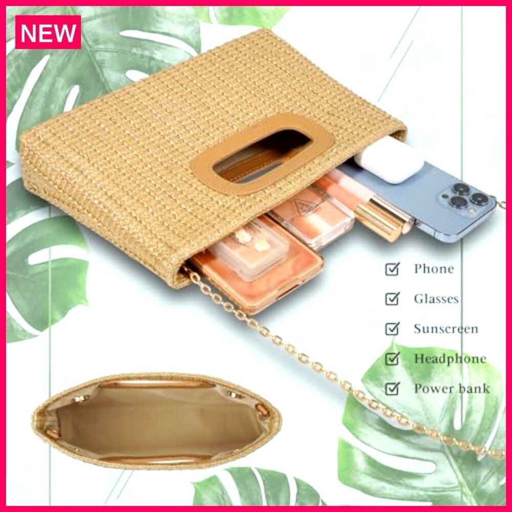 Top Handle Straw Clutch Purse with Detachable Shoulder Strap 11.3x7.5 - Picture 6 of 8